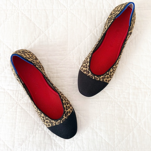 Rothy’s The Square Ballet Flat Little Cat Leopard Print Black Cap Toe 8 - Picture 1 of 8